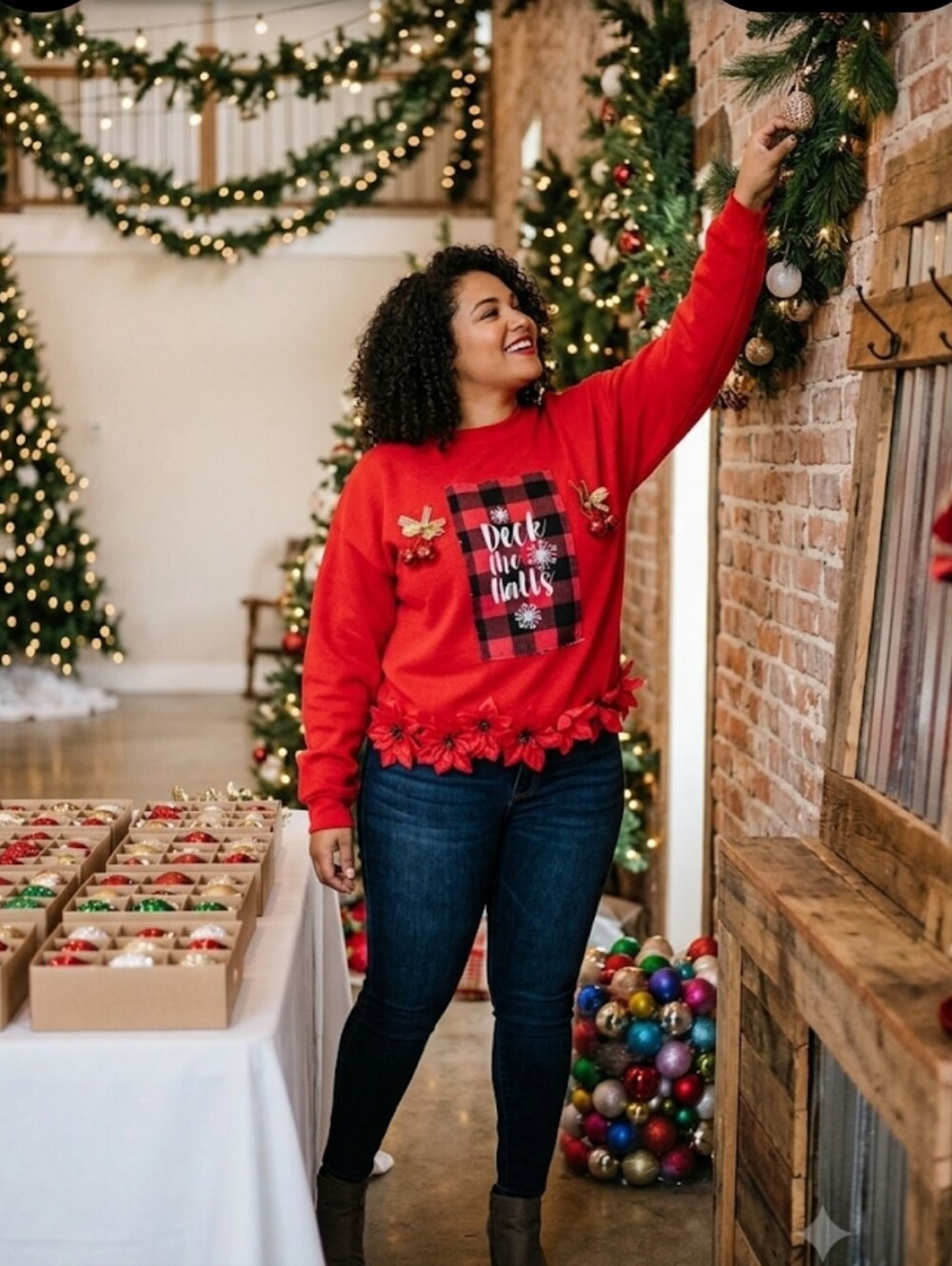 Christmas Upcycled Cropped Red Top Bells & Bows XL-1X Deck The Halls